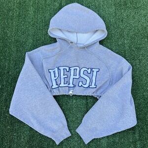 Vintage Pepsi Hoodie Womens XL Gray Cropped Boxy Spellout Logo Promo‎ Sweats 90s